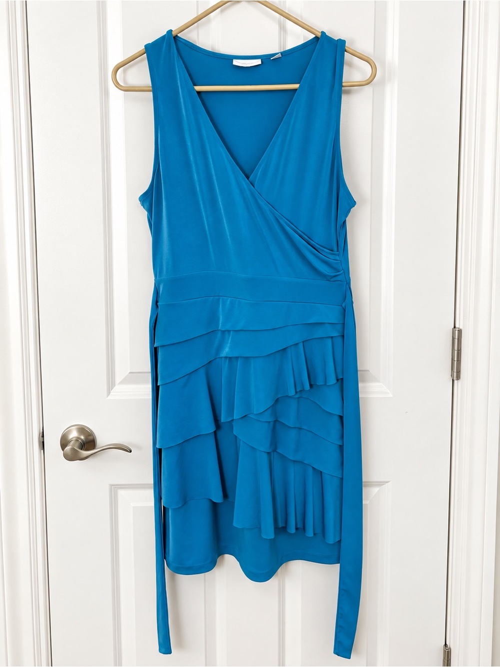 New York & Company Teal Blue V-Neck Ruffle Dress
